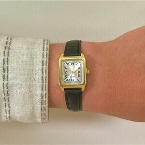 Y2K Gold Black Leather Quartz Watch with Roman Dial Unisex 8.5" New